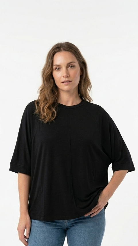 OYSHO Womens Essential Seam Detail Short Sleeve Black T Shirt