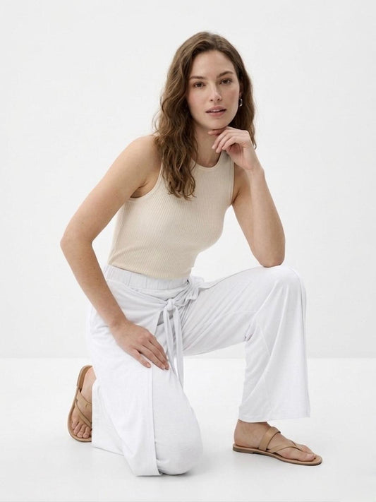 OYSHO Womens Tie Waist Layered Wide Leg Trouser