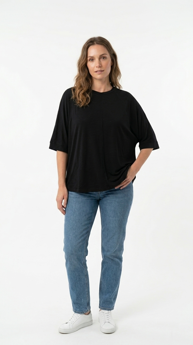 OYSHO Womens Essential Seam Detail Short Sleeve Black T Shirt