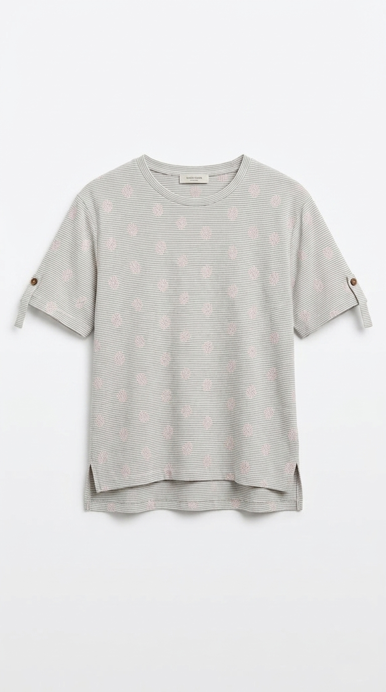 OYSHO Womens Essential Striped Embroided Crew Neck T Shirt