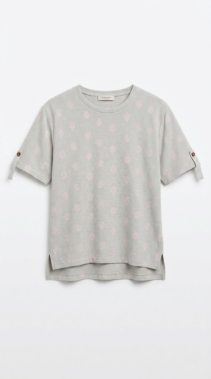 OYSHO Womens Essential Striped Embroided Crew Neck T Shirt