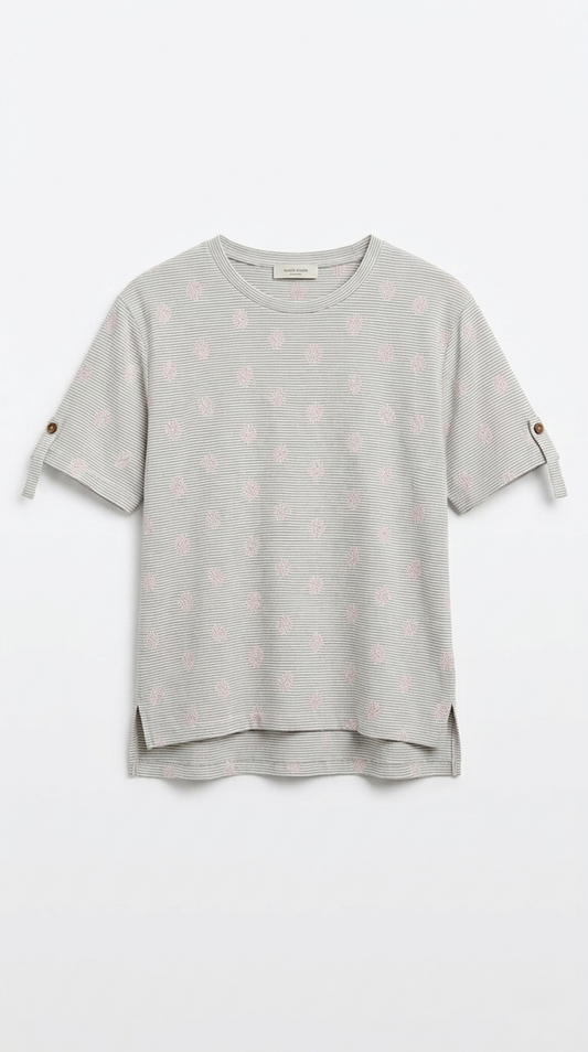 OYSHO Womens Essential Striped Embroided Crew Neck T Shirt