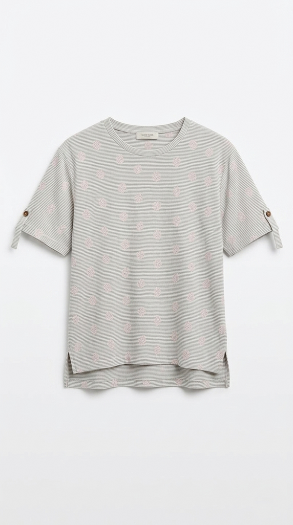 OYSHO Womens Essential Striped Embroided Crew Neck T Shirt