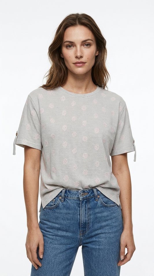 OYSHO Womens Essential Striped Embroided Crew Neck T Shirt