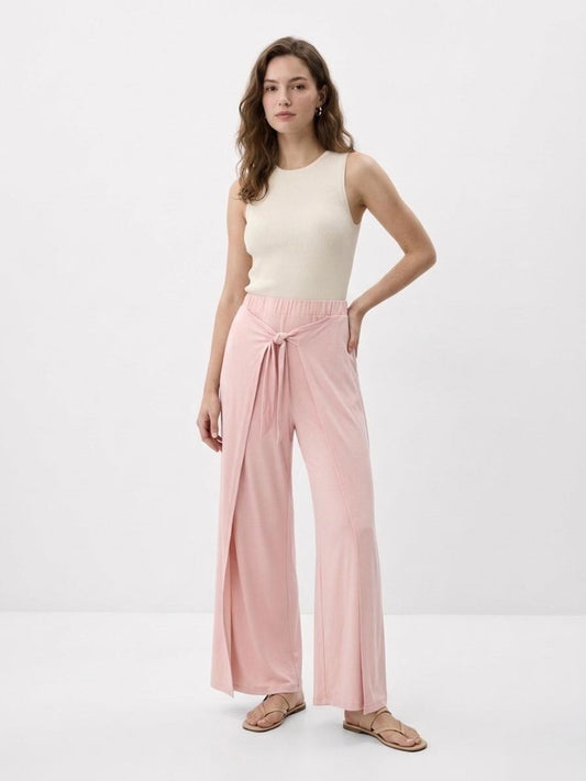 OYSHO Womens Tie Waist Layered Wide Leg Trouser