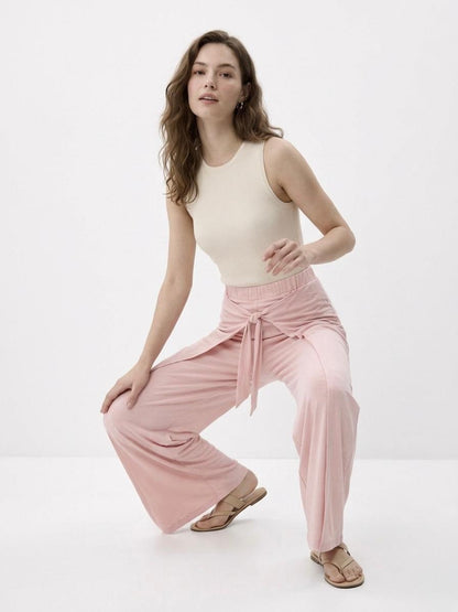 OYSHO Womens Tie Waist Layered Wide Leg Trouser
