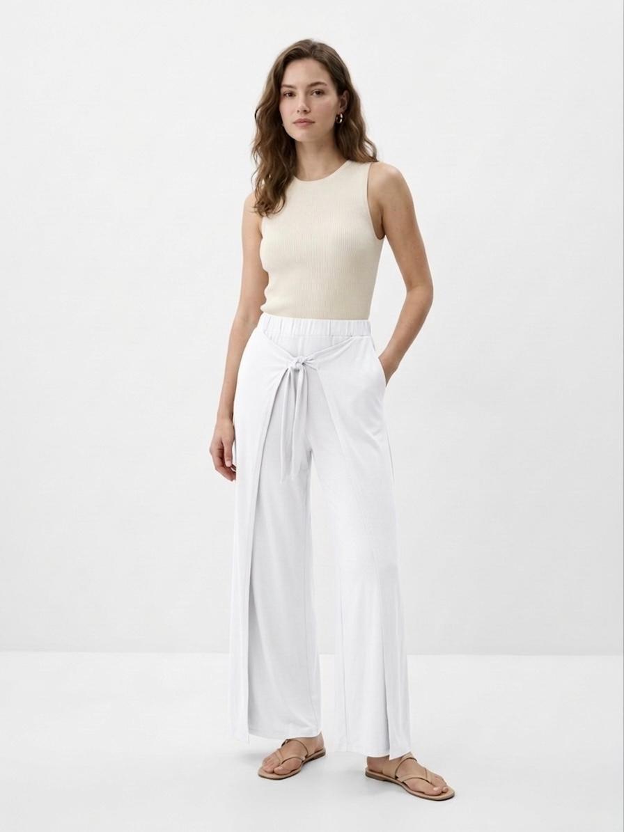 OYSHO Womens Tie Waist Layered Wide Leg Trouser