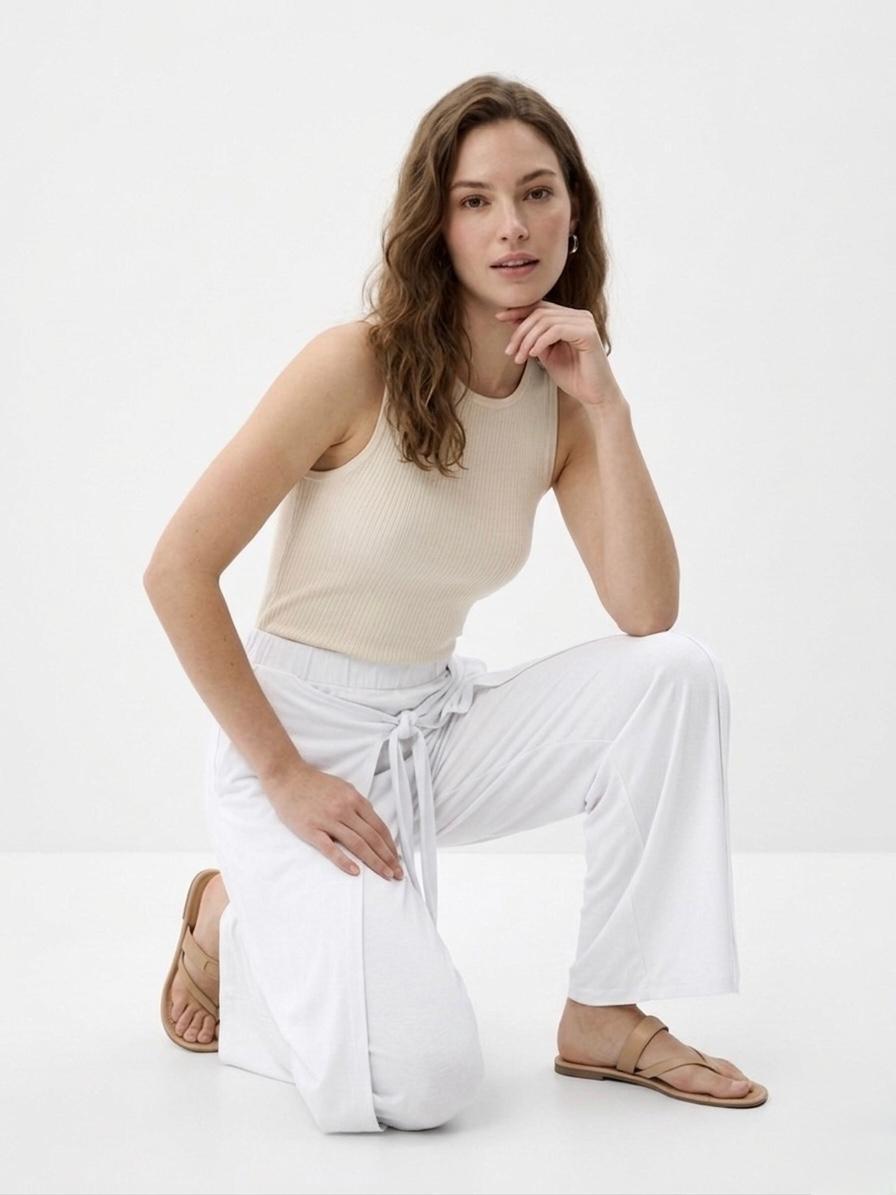 OYSHO Womens Tie Waist Layered Wide Leg Trouser
